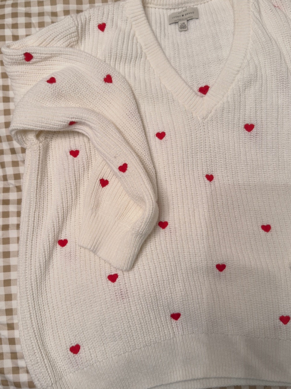 Lucky Brand White V-Neck Sweater with Red Heart Embroidery